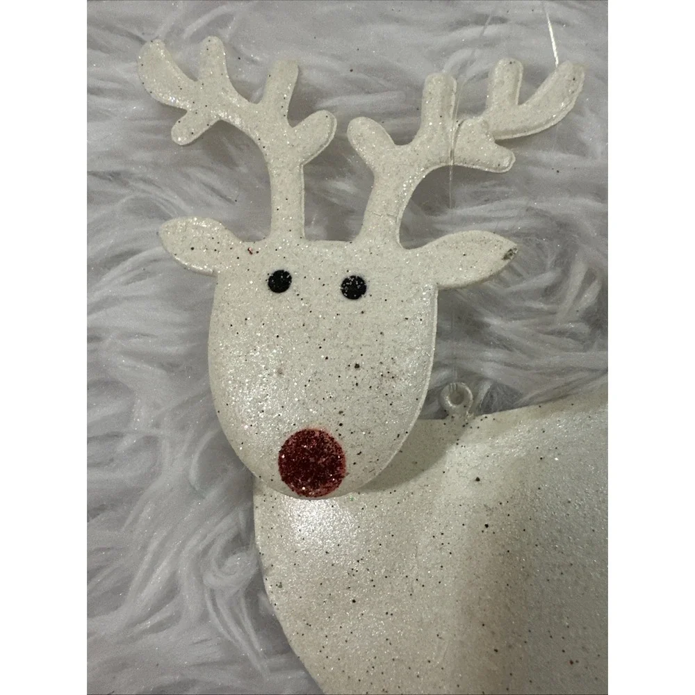 Vintage Pier‎ 1 White Glitter Reindeer Bobble Head Red And White Dangle Legs